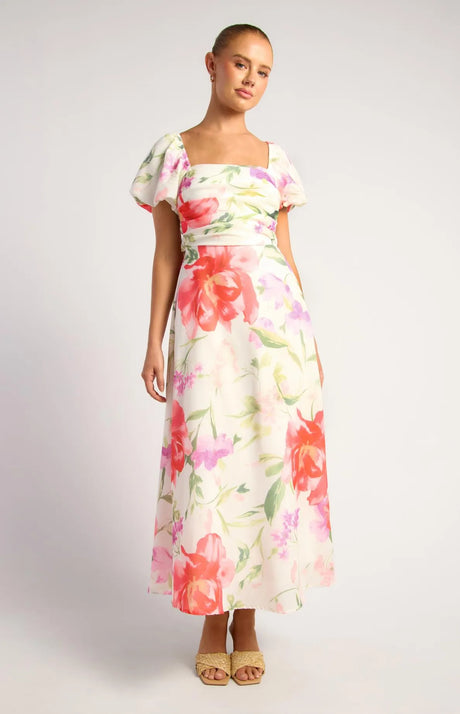 Rachelle Floral Print Pleated Backless Midi Dress
