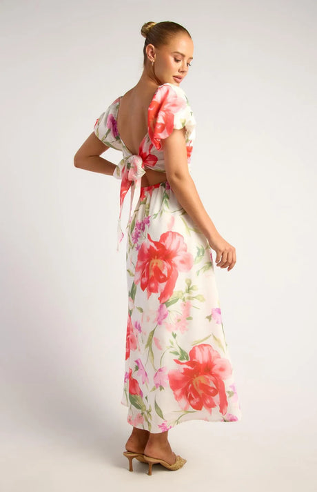 Rachelle Floral Print Pleated Backless Midi Dress